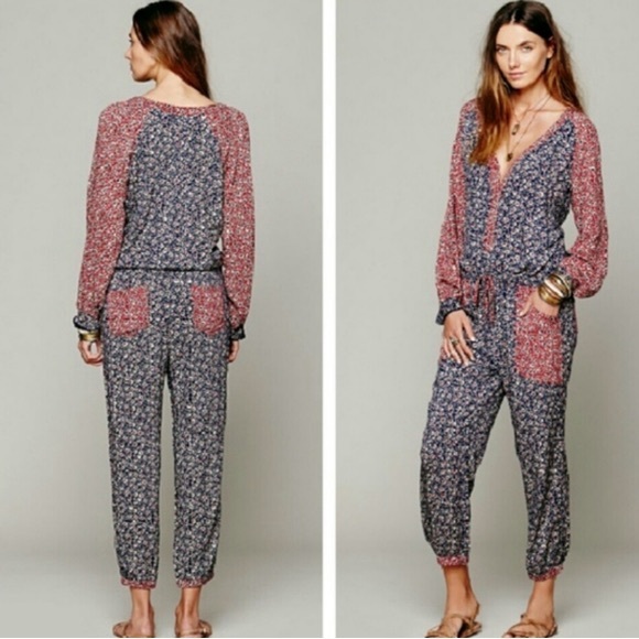 Free People Pants - Free People Leia Floral Jumpsuit - Red and Blue XS
